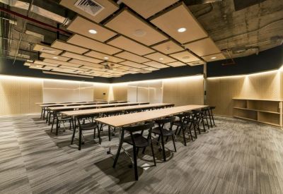 Professional training room with rows of tables and black chairs, Avenida Manuel Olguín 327, Lima, Peru.