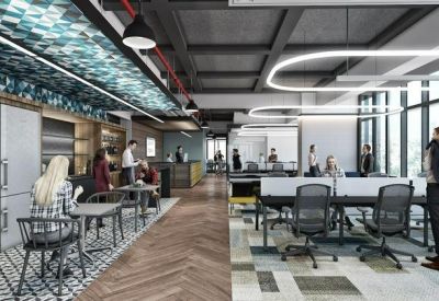 Modern communal breakout area with chevron wood floors, a mosaic tile ceiling, and kitchen facilities.