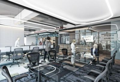 Spacious glass-walled meeting room at Boulevard Manuel J. Clouthier 304 with modern pendant lighting.