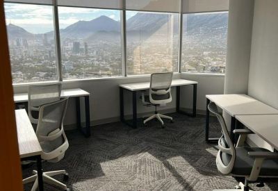 Private office with multiple desks, ergonomic chairs, and panoramic mountain views.