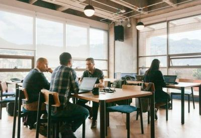 Meeting room with large windows and a view.