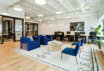 Spacious communal lounge featuring blue velvet armchairs and a patterned rug.