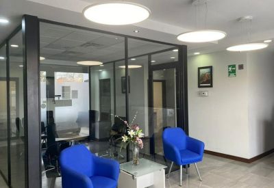 Lounge area with two bright blue armchairs, a white coffee table, and glass-walled meeting rooms.