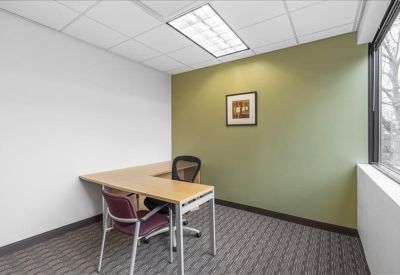 Private office featuring an L-shaped desk and a sage green accent wall.