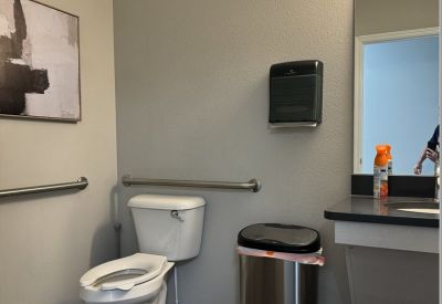 Modern restroom with a stainless steel trash bin, wall-mounted hand rail, and vanity.