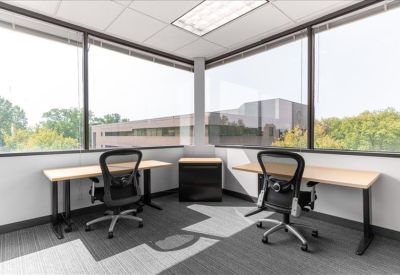 Bright corner office with two desks and large windows overlooking trees.