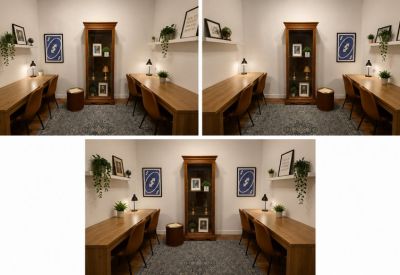 Private workstations with wooden desks, orange chairs, and blue wall art.