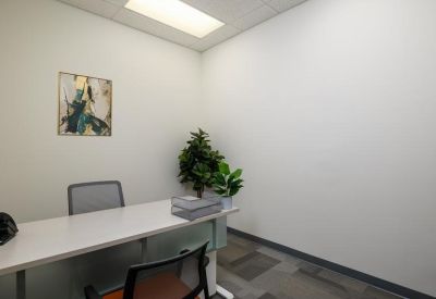 Private office featuring a white desk, grey mesh chairs, and potted green plants.