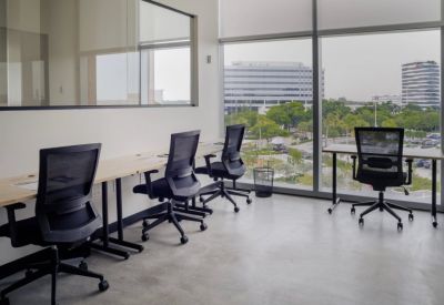 Modern workspace featuring light wood desks, black ergonomic chairs, and large window views.