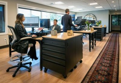 Spacious open-plan workspace with sit-stand desks, ergonomic chairs, and large windows.