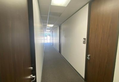 Long office corridor with white walls, grey carpeting, and dark wood doors.