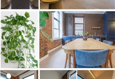 Collage showcasing various office interiors including lounge areas, meeting spaces, and brick-walled rooms.
