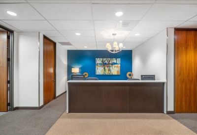 Reception area with dark wood desk, blue accent wall, and elegant chandelier.