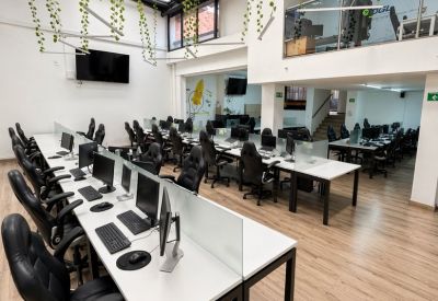 Spacious open-plan workspace with multiple rows of desks and hanging green vines from a black industrial ceiling.