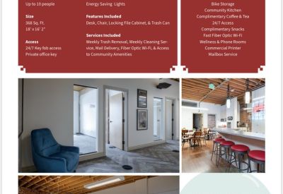 Informational flyer for Suite 209 showing office amenities and interior workspace photos.