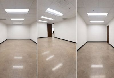 Spacious three-part view of an empty office suite with polished concrete floors and bright overhead lighting.
