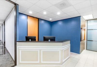 Modern reception area with a white front desk against a bold blue accent wall.
