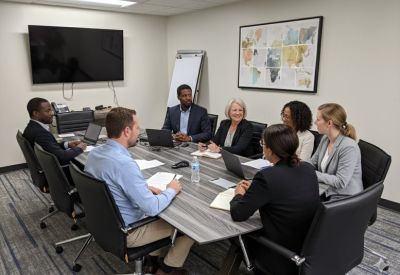 Professional team meeting in a boardroom featuring a grey wood-grain table and large wall-mounted screen.