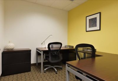 Internal office suite with a yellow feature wall and ergonomic mesh chairs.