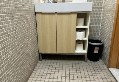 Washroom vanity with light wood cabinets and shelving for storage.