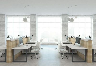 Symmetrical office layout with white desks, ergonomic chairs, and large grid-style windows.