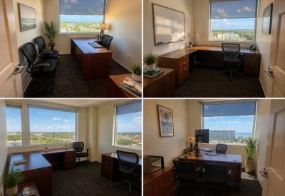 Collage of four private offices with desk setups and coastal views.