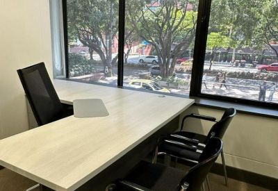 Private corner office suite with a large window overlooking a tree-lined street.