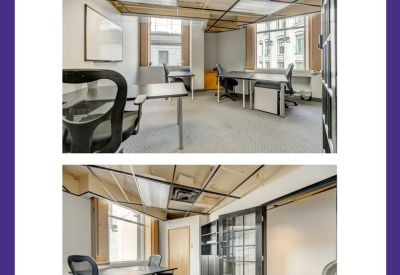 Modern office suite with black ergonomic chairs, white desks, and large windows.