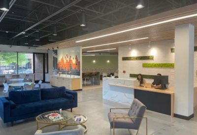 Bright reception area with a plush blue sofa, modern armchair, and professional greeting desk.