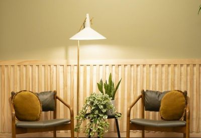 Seating area with two leather armchairs, gold velvet pillows, and indoor plants against a wood-paneled wall.