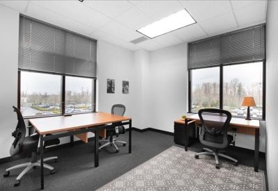 Bright private office with two wooden desks and windows overlooking trees.