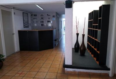 Professional reception area with a dark wood desk, warm tile flooring, and decorative vases.