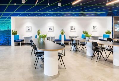 Spacious coworking area with blue booths and a vibrant forest mural.