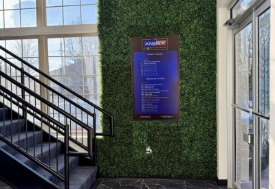 Two-person office suite with dark wood desks and a wall-mounted TV.