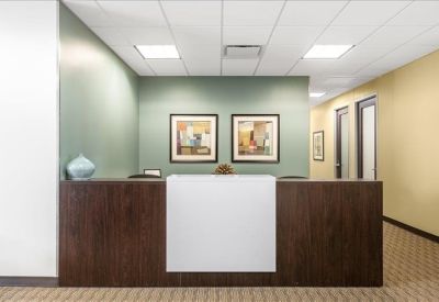 Professional reception area with a dark wood and white front desk against a sage green wall.