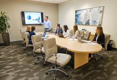 A team meeting in progress around a light wood conference table.