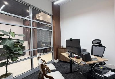 Bright corner office with a large desk and a potted plant.