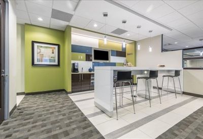 Modern breakroom kitchen with a high breakfast bar and green feature wall.