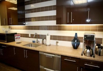 Modern breakroom kitchen with dark cabinetry, striped backsplash, and coffee station.
