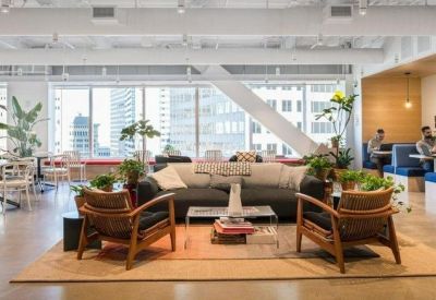 Bright lounge area with mid-century modern armchairs, indoor plants, and floor-to-ceiling windows.