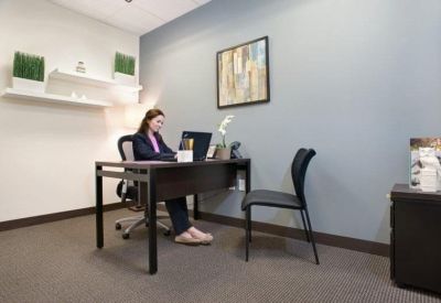 Private office suite with a dark wood desk, ergonomic chair, and a framed landscape painting.