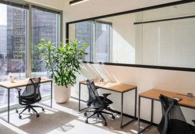 Bright office workspace with ergonomic chairs, light wood desks, and large windows overlooking the city.