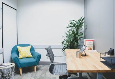 Private office featuring a wooden desk, teal armchair, and a large potted plant.