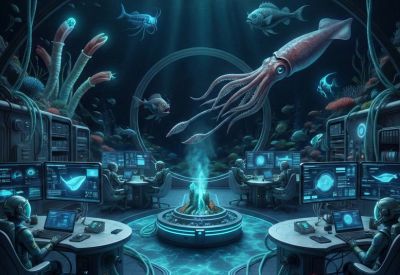 Thematic underwater-style control room with desk stations and a giant squid swimming outside.