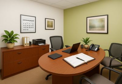 Private office with a wood desk, laptop, and leather chairs against a green accent wall.