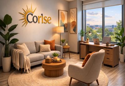 Professional private office with a light grey couch, wooden desk, and large window view.