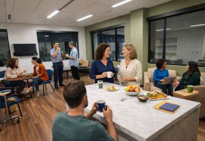 Large office kitchen and breakroom area with people congregating around a marble-topped island.