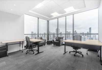 Corner office suite with floor-to-ceiling city views at Tower Financial Center.