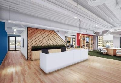 Bright modern reception area with a white desk and a decorative wood-paneled feature wall.