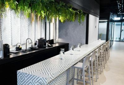 Kitchen area with a patterned tiled bar counter and hanging greenery.